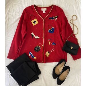 Vintage Susan Graver SZ L Novelty Cardigan Women's Red Embellished Sweater Bead